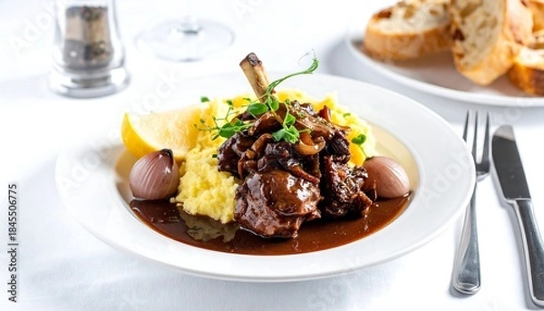 Fototapeta Elegant plate featuring tender meat with creamy polenta, sweet onions, lemon, and drizzled sauce on a white tablecloth