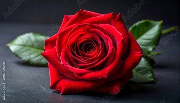 Fototapeta Elegant red rose blossom, velvety petals, and vibrant green leaves against dark background on a textured surface