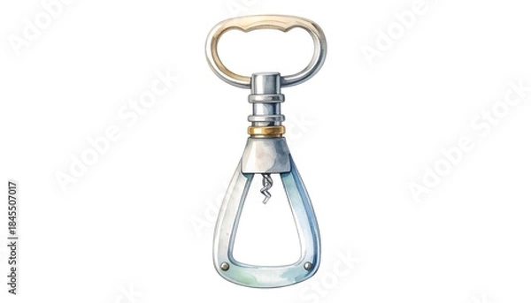 Fototapeta Elegant silver corkscrew with beige handle, depicted with watercolor texture against a clean white background
