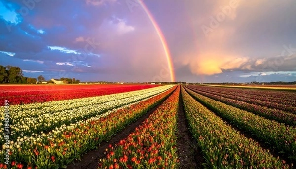 Fototapeta Colorful tulip rows stretch beneath a vibrant rainbow and dramatic sky, meeting the horizon