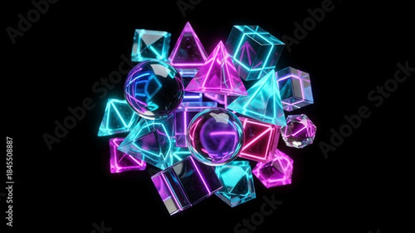Obraz glowing neon geometric shapes on black background