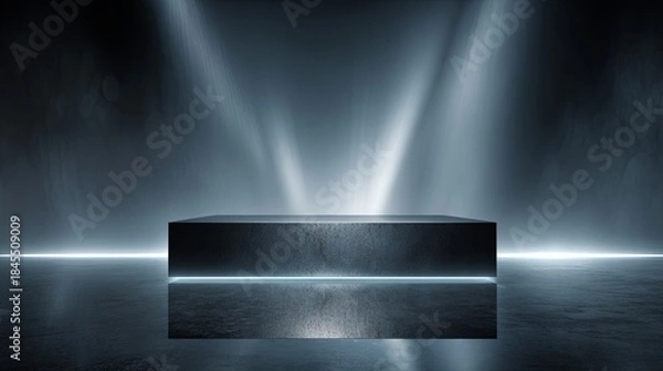 Obraz Spotlight Stage Empty Dark Cube Platform for Product Display with Modern Backdrop.