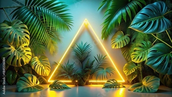Obraz Luminous Tropical Paradise Vibrant Greenery Illuminated by a Glowing Triangle Frame