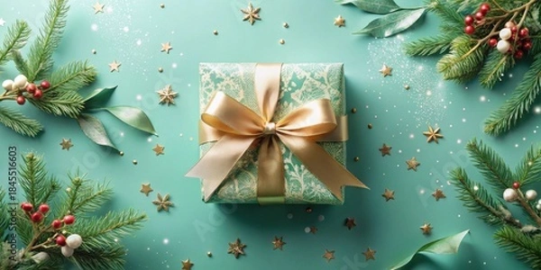 Obraz A Festive Teal Background Featuring a Gold-Ribboned Gift Box Surrounded by Evergreen Branches and Gold Star Decorations