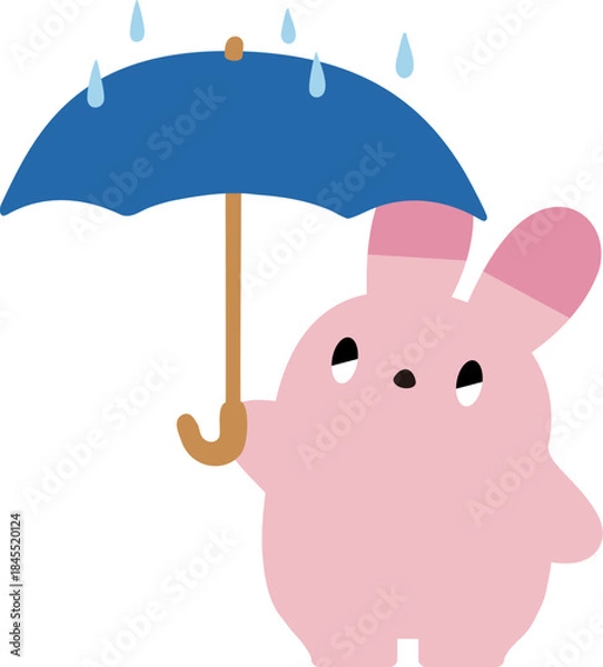 Fototapeta 雨の中で傘をさして無表情なピンクのうさぎのイラスト素材