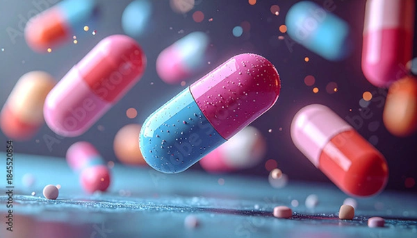 Fototapeta Capsule pill floats in air with soft bokeh background in clean medical style
