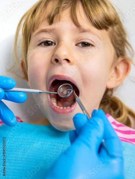 Obraz A child at the dentist gets his teeth treated. Selective focus.
