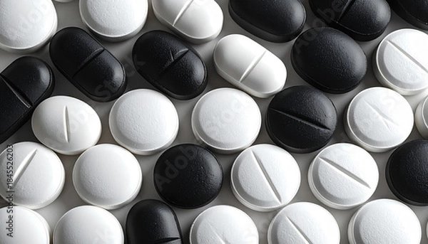 Fototapeta Multiple tablet pills are arranged in geometric layout with dark minimal medical design
