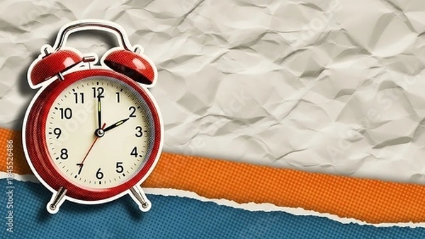 Fototapeta Red alarm clock on crumpled paper background with torn edges