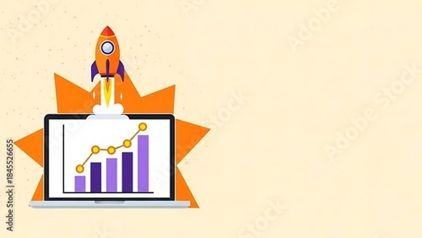 Fototapeta Rocket launching from laptop display showing upward bar chart for business growth concept