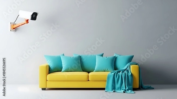 Fototapeta Indoor security camera monitoring modern living room with yellow sofa and blue pillows