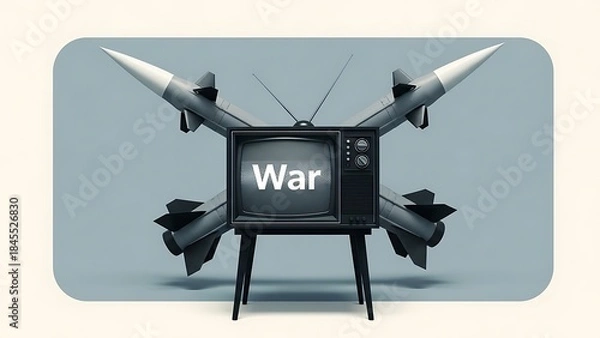 Fototapeta Vintage television displaying war with crossed missiles in the background