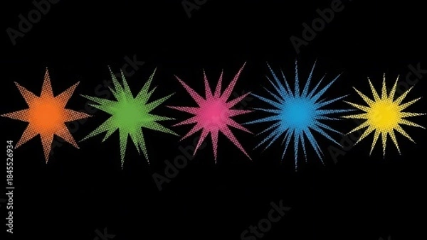 Fototapeta Five colorful abstract starburst shapes in a row on black background