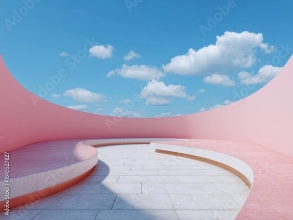 Fototapeta Open space, public area, minimalist style, pink architecture with a blue sky backdrop.