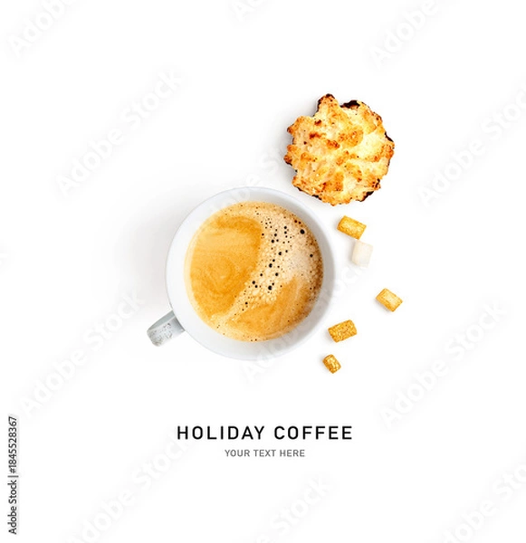 Obraz Christmas flat lay with coffee cup, festive homemade coconut macaroon cookie and marshmallows photography isolated on a white background