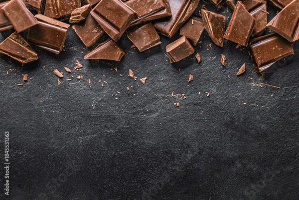 Fototapeta Dark chocolate chunks on black slate background