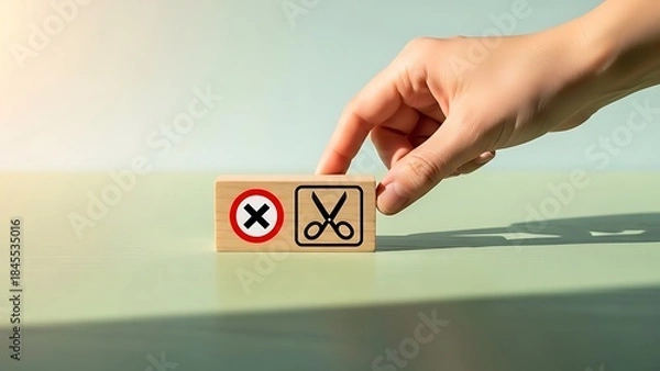 Fototapeta Person placing hand on wooden block with scissors and prohibition symbol on a table indoors