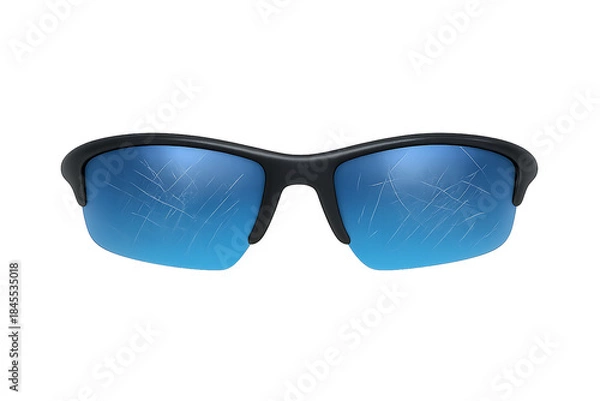 Fototapeta Scratched Sports Sunglasses with Blue Lenses Isolated on Transparent Background for Product Wear, Defect, Used Equipment Visuals, and Wear Illustration Concepts, Damaged Blue Lens Front View, PNG