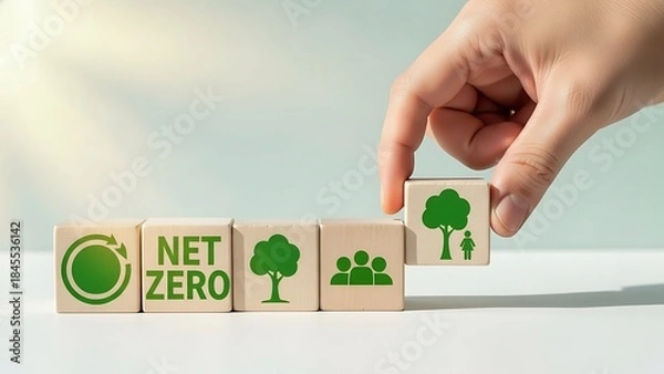Fototapeta Hand placing a block with a tree icon to complete a net zero puzzle