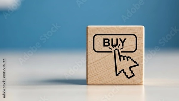 Fototapeta A wooden block with a buy button and cursor on a white surface with blue background