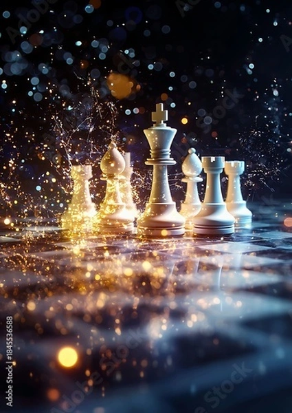 Obraz A close-up shot of chess pieces, emphasizing the strategy and challenge of the game. The golden and silver chess pieces sit on the board. The shot is enhanced with sparkling effects