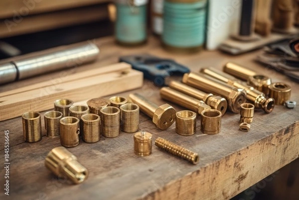 Fototapeta Many polished brass metal components and various small precision engineering parts are neatly arranged on a rustic wooden workbench in a professional workshop.