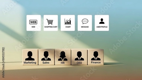 Fototapeta A collection of white blocks with silhouettes and icons on a gradient background with shadows