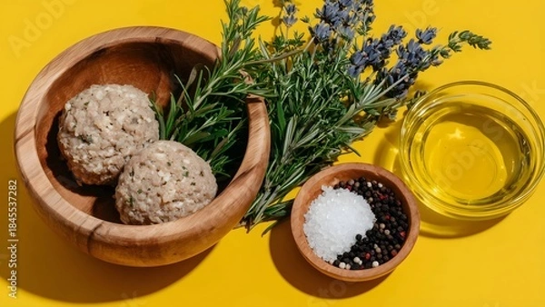 Obraz Burger Ingredients Flat Lay on Yellow Background