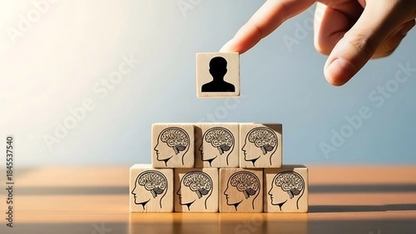 Fototapeta A hand placing a single wooden block with a human silhouette on top of a stack of blocks with various human face designs