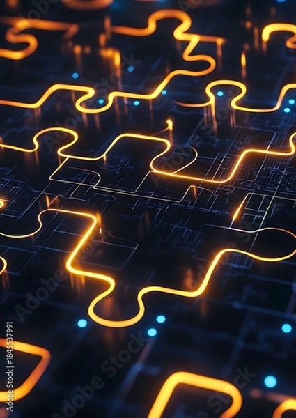 Obraz An abstract digital image of glowing puzzle pieces against a dark background, symbolizing connection and problem-solving