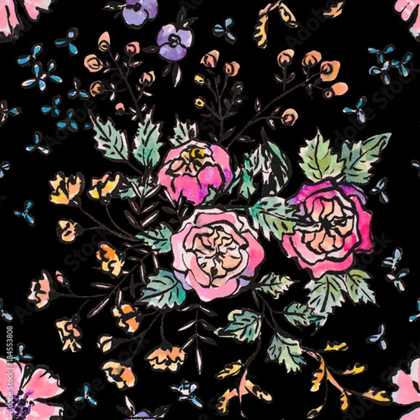 Obraz Watercolor floral hand drawn colorful bright seamless pattern