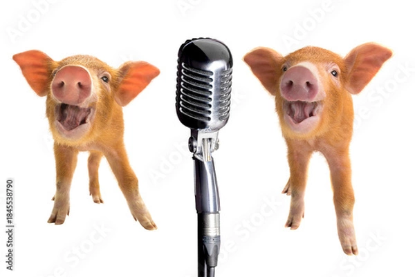 Obraz Singing piglets at the microphone isolated on white background