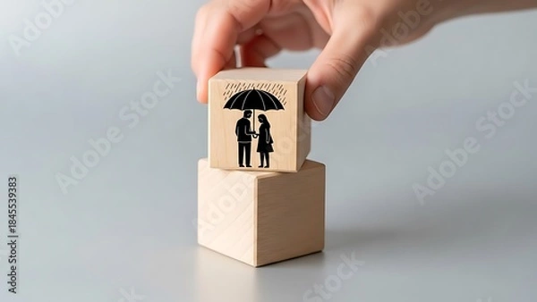 Fototapeta A person holding a wooden block with a protected couple silhouette under an umbrella logo on top of another block
