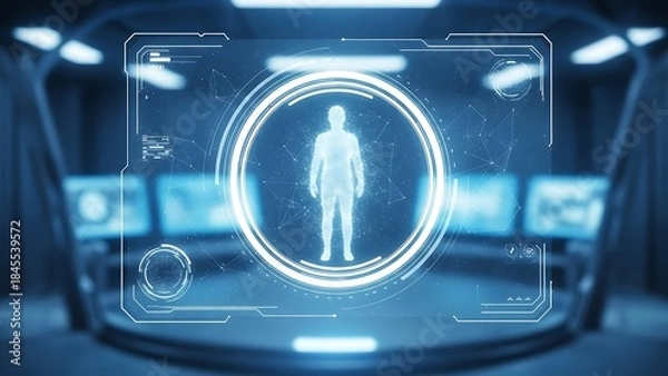 Fototapeta Futuristic digital human interface with glowing blue holographic projection in a futuristic laboratory setting with multiple screens