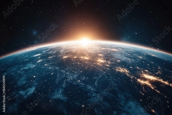 Fototapeta A distant sun rises over the glowing planet Earth from the vastness of space.
