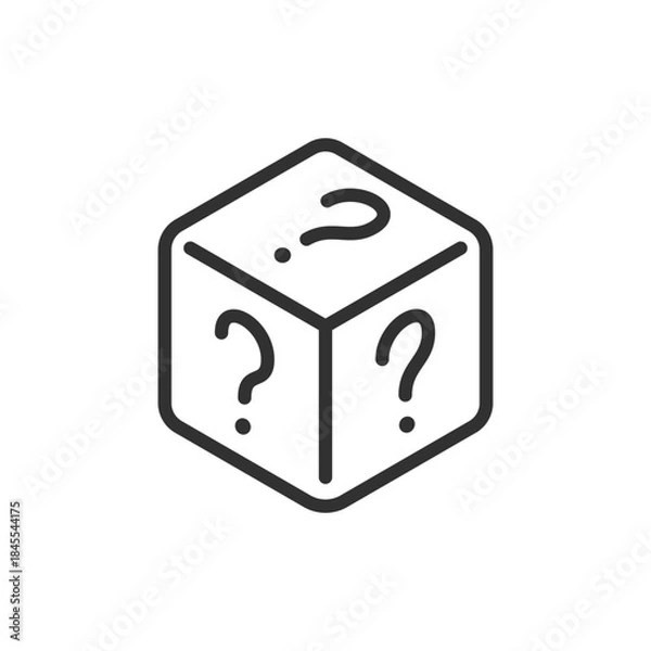 Fototapeta Cube with question marks, linear icon. Mystery concept and unknown choice. Line with editable stroke.