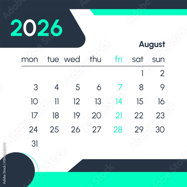 Obraz August 2026 calendar with highlighted Friday dates