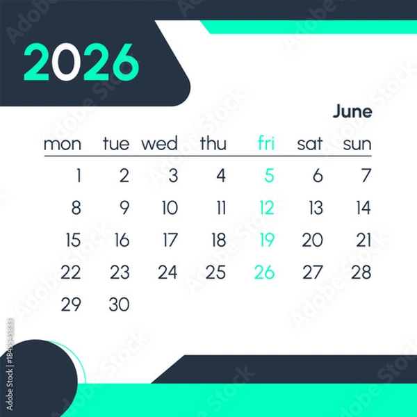 Obraz June 2026 calendar with highlighted weekend dates