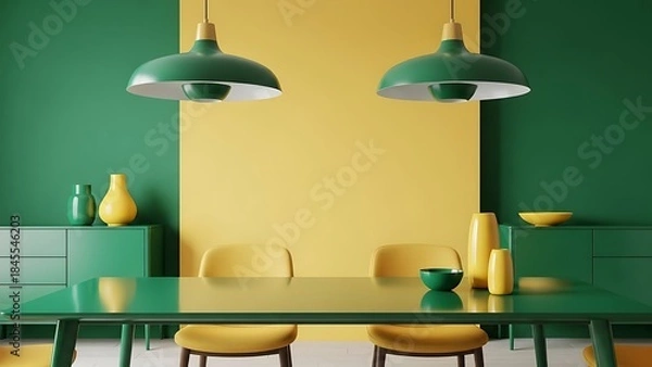 Fototapeta dining room interior in vibrant contemporary style with bright emerald green and warm yellow color palette