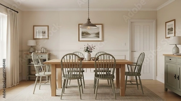 Fototapeta realistic dining room interior with solid oak dining table centered symmetrically