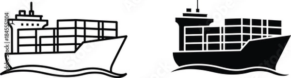 Obraz Black and White Line Art Two Container Ships with Cargo and Wave Details on Water