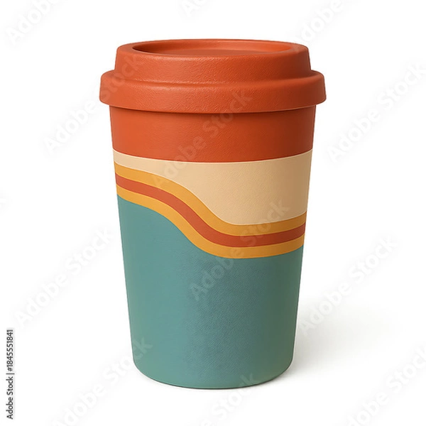 Fototapeta Reusable Coffee Cup with Retro Color Layers and textured surface Isolated on Transparent Background for Sustainable Lifestyle, Takeaway Beverage Design, takeaway drinks, and eco-friendly branding, PNG