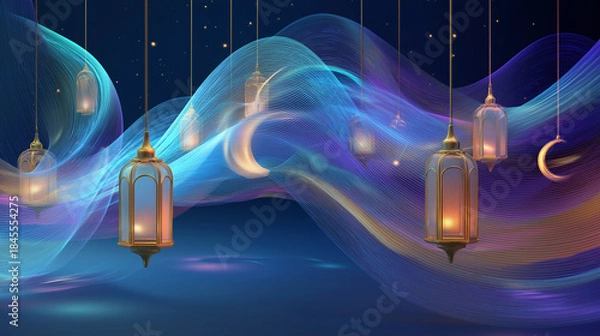 Obraz Glowing Ramadan Lanterns With Crescent Moon Dark Background