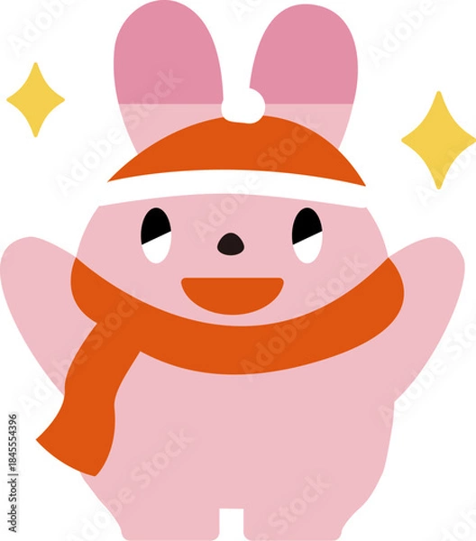 Fototapeta 輝きと両手をあげた赤いマフラーとサンタ帽子の笑顔のピンクのうさぎ