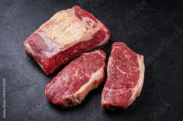 Obraz Raw dry aged  roast beef steak offered as close-up on a slate plate