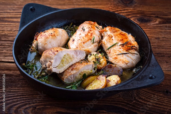 Obraz Chicken breast fillet stuffed with egg pistachio souffle braised served as close-up with fresh herbs in a design pan