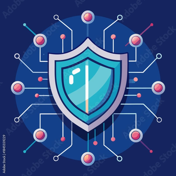 Obraz Futuristic cybersecurity concept, shield icon + network lines.
