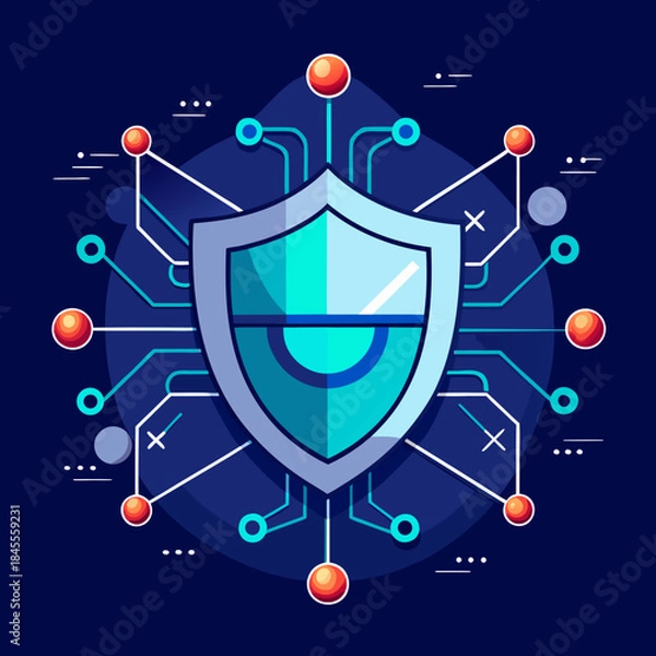 Obraz Futuristic cybersecurity concept, shield icon + network lines.