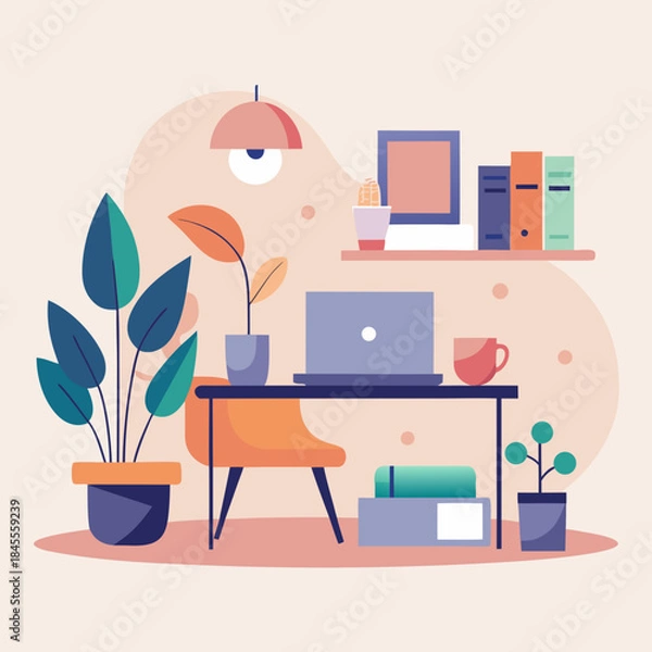 Obraz Minimalist remote work scene, laptop desk, pastel color palette, vector illustration.