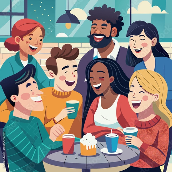 Obraz Diverse group of friends laughing at a café, clean vector style.